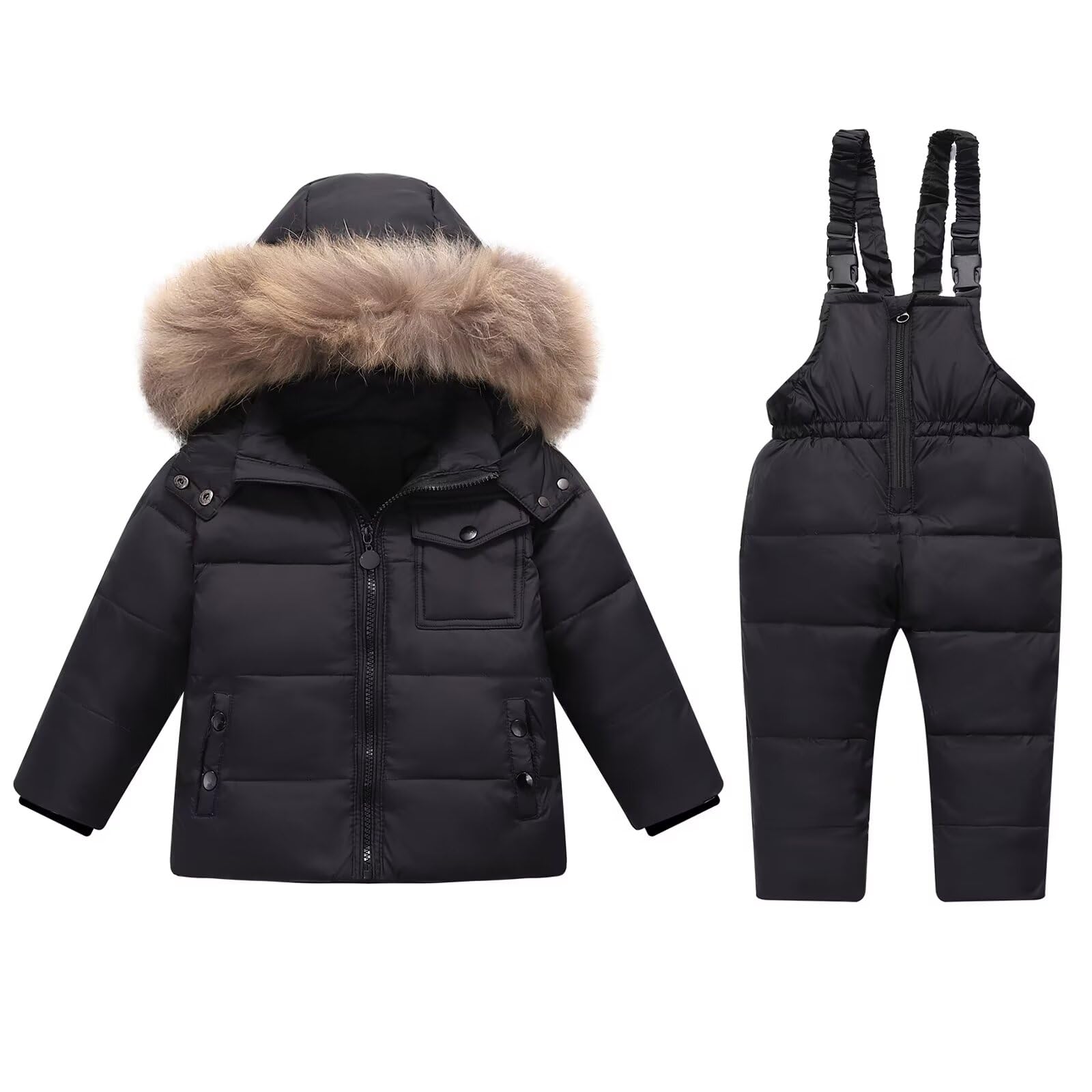 Baby Snowsuit Toddler Winter Hooded Artificial Fur Down Boys Girls Jacket Coat and Ski Bib Pants Warm Fashion
