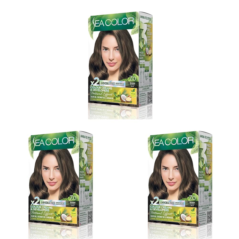 SEA COLOR Amonyaksız, Vegan, Doğal, Besleyici Kalıcı Saç Boyası%100 Beyaz Kapama (1 PAKET 2 x 50 ml Boya & OKSİDAN) (Kumral 7.0) (3 paketi)