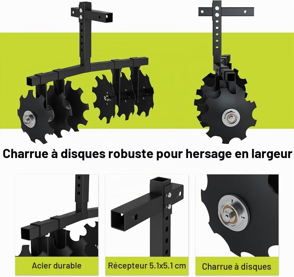 Herse à disque de largeur avec support de récepteur universel, charrue à disque de coupe avec hauteur réglable, tire derrière la motoculteur, herse à charrue pour VTT, UTV, N