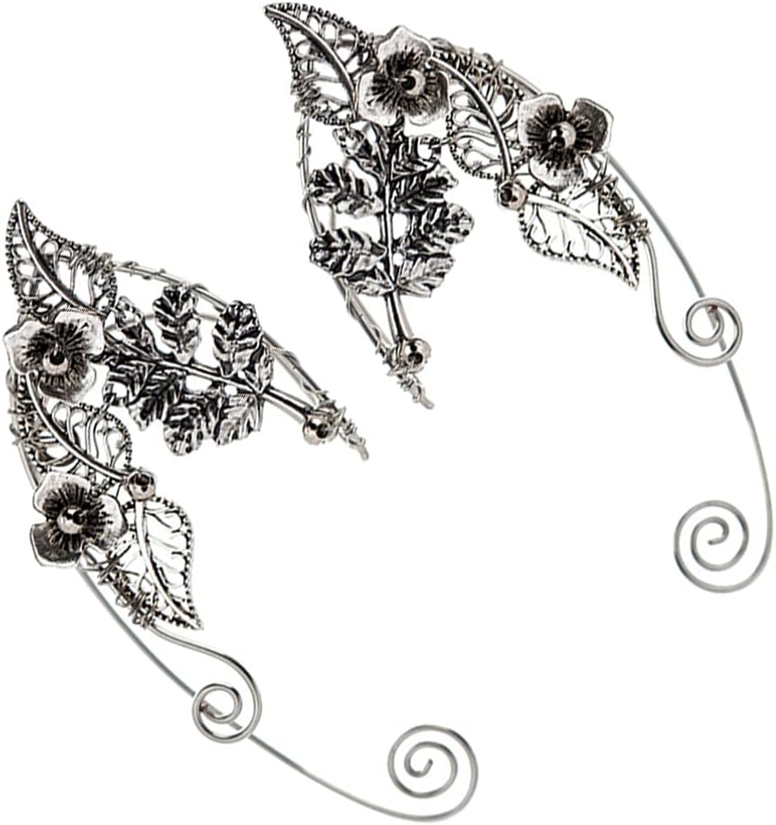 Lurrose 1 Pair Elf Ear Cuffs Silver Vintage Clip-on Earrings Ear Wrap Crawler Hook Fairy Non-Piercing Cuff Earrings for Women Girls Party Festival Jewelry