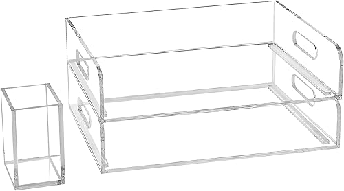 Juego de bandeja minimalista de acrílico transparente de 2 niveles y 1 soporte para bolígrafos, apilable y sin montaje, libro de archivos de
