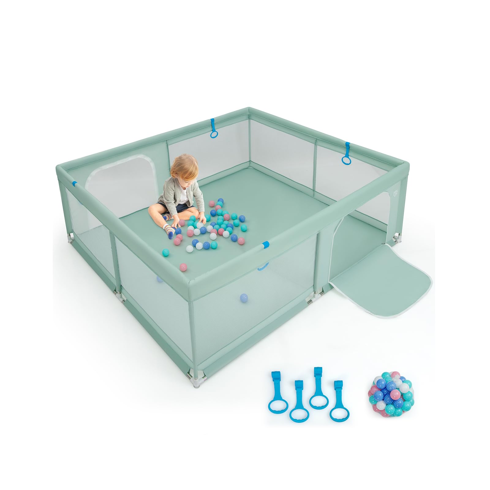 COSTWAY Parque Infantil Bebe 200 x 180 x 68 cm, Corralito Bebe con 50 Bolas, 4 Anillos, Malla Transpirable Suave, Asas, Valla para Bebés con Puerta, Base Antideslizante (Verde)
