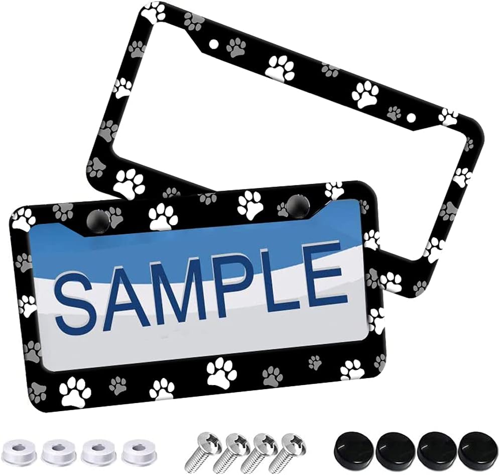 2Pcs Dog Paw License Plate Frames - 2 Holes Aluminum Alloy Metal Black Paw Print Car Plate Holder Tag Frame for US Canada Standard 12" x 6" with Screws image 3