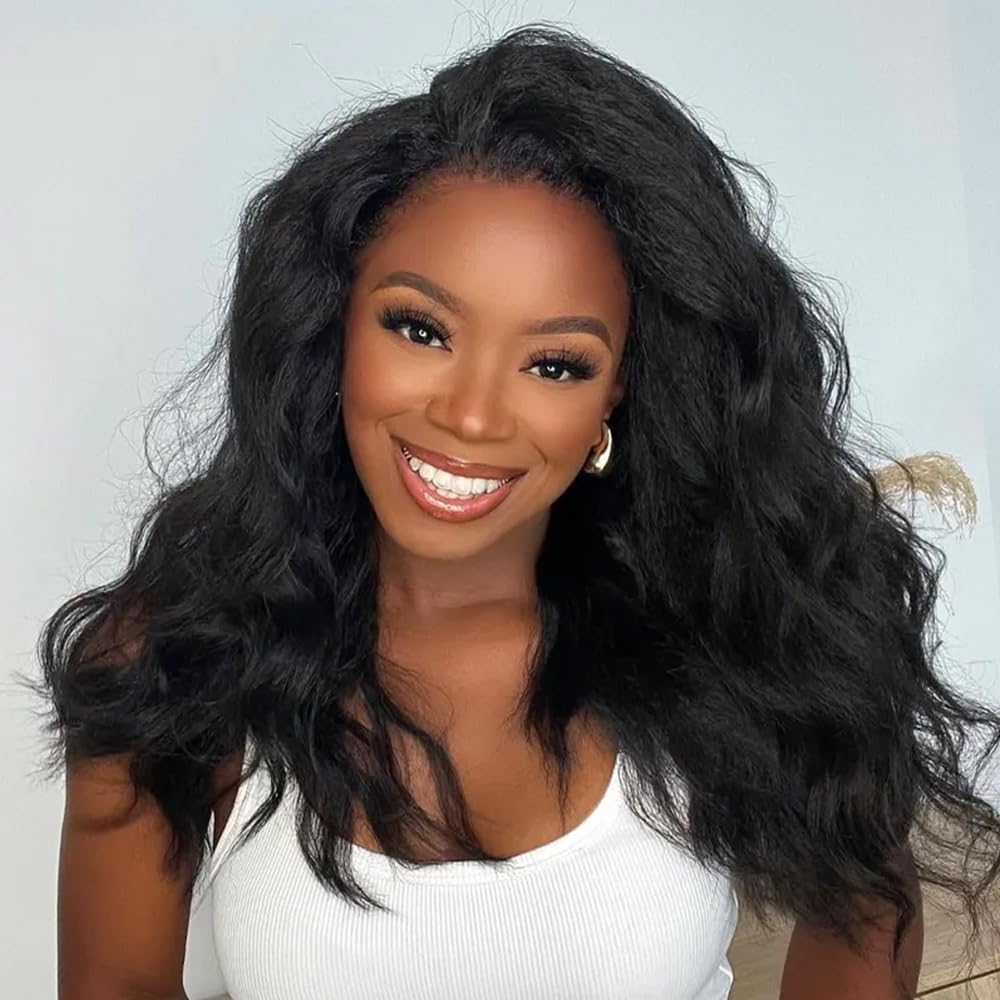 Half Wig Human Hair Kinky Straight Wigs for Black Women 180 Density Yaki Straight Glueless Wigs Ready to Go 3 In 1 Seamless Flip Over Drawstring Headband Wig for Women Clip in No Sew In 20 Inch