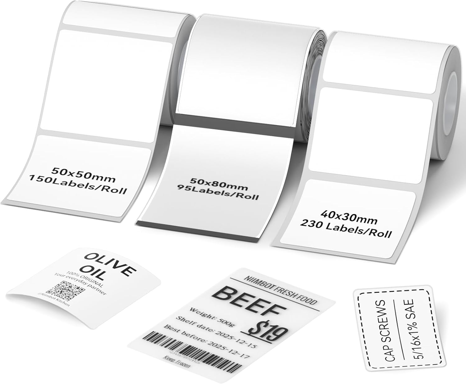 NIIMBOT 3 Rolls Labels, 40x30mm White/ 50x80mm Clear/ 50x50mm White, Compatible with B1 B21 B21 Pro Label Maker, for Price,Jar, Address, Name, Tool Oragnization