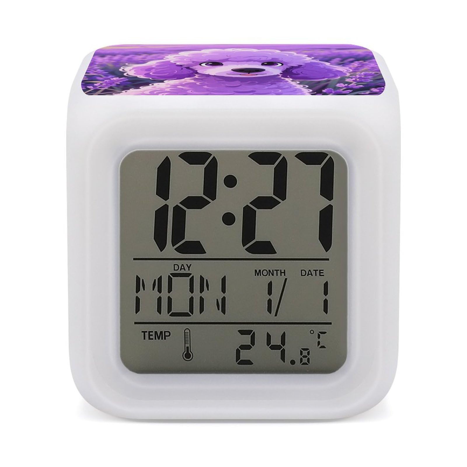 VstaDank Poodle Alarm Clock with Date Temperature Large LED Display Number Clocks with 7 Colors Changing Desk Clock Battery Operated Digital Clocks with Date for Heavy Sleepers