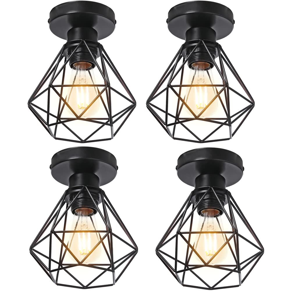 STOEX 4x Plafonnier luminaire industriel vintage design rétro cage diamant en fer forge, Lampe de plafond métal E27 pour cuisine salon chambre (Noir)