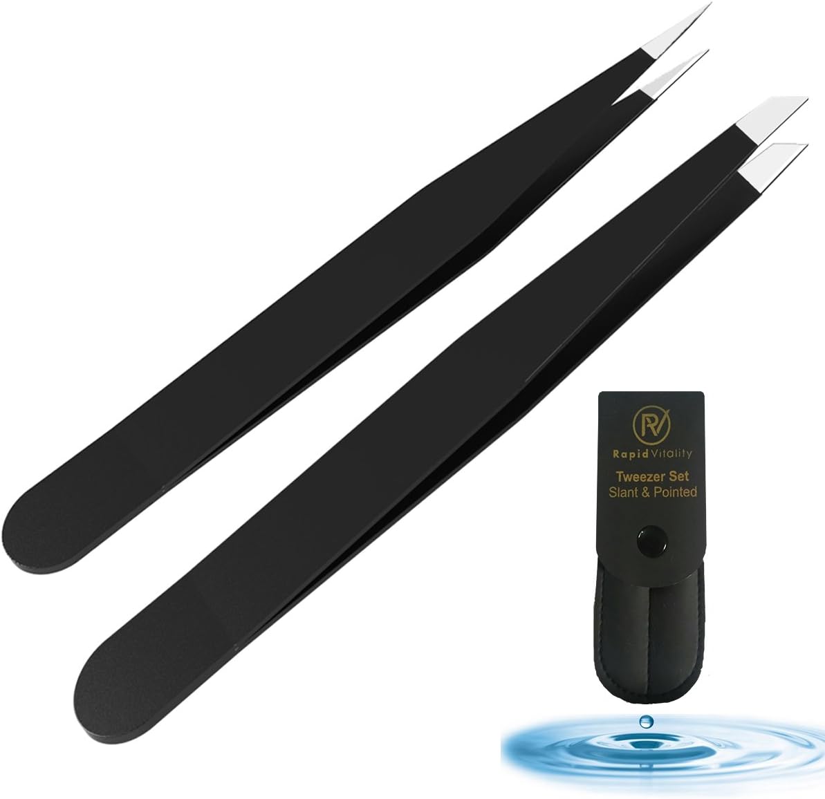 [Twin-Pack] Rapid Vitality Slant & Pointed Tweezers Set With CASE, 2-PACK, Stainless Steel, Best For High Precision Daily Beauty Routines, Eyebrows, Ingrown Facial & Nose Hair, Splinters, Perfect Gift