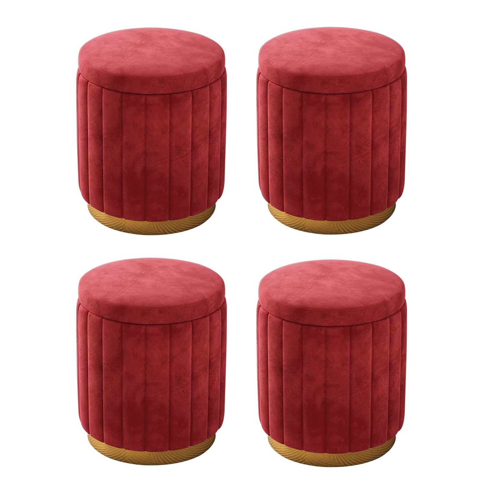 Pouf rotondo con contenitore, set di 2 sgabelli imbottiti in velluto con base in metallo, sgabelli moderni per camera da letto, soggiorno, mobili per la casa (set da 4, rosso)