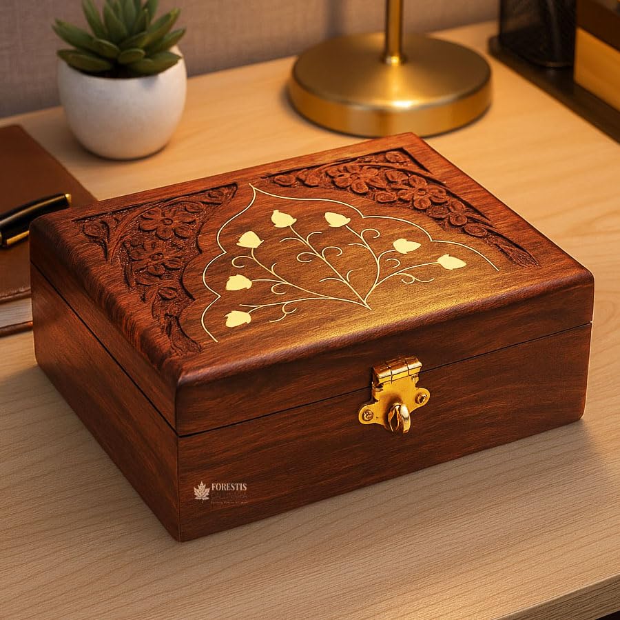 Image of Wooden Box| Jewellery Box| Decorative Case| Kit| Vanity| Organiser For Women, Necklaces, cash, gold (6X4 Inches, Crown)