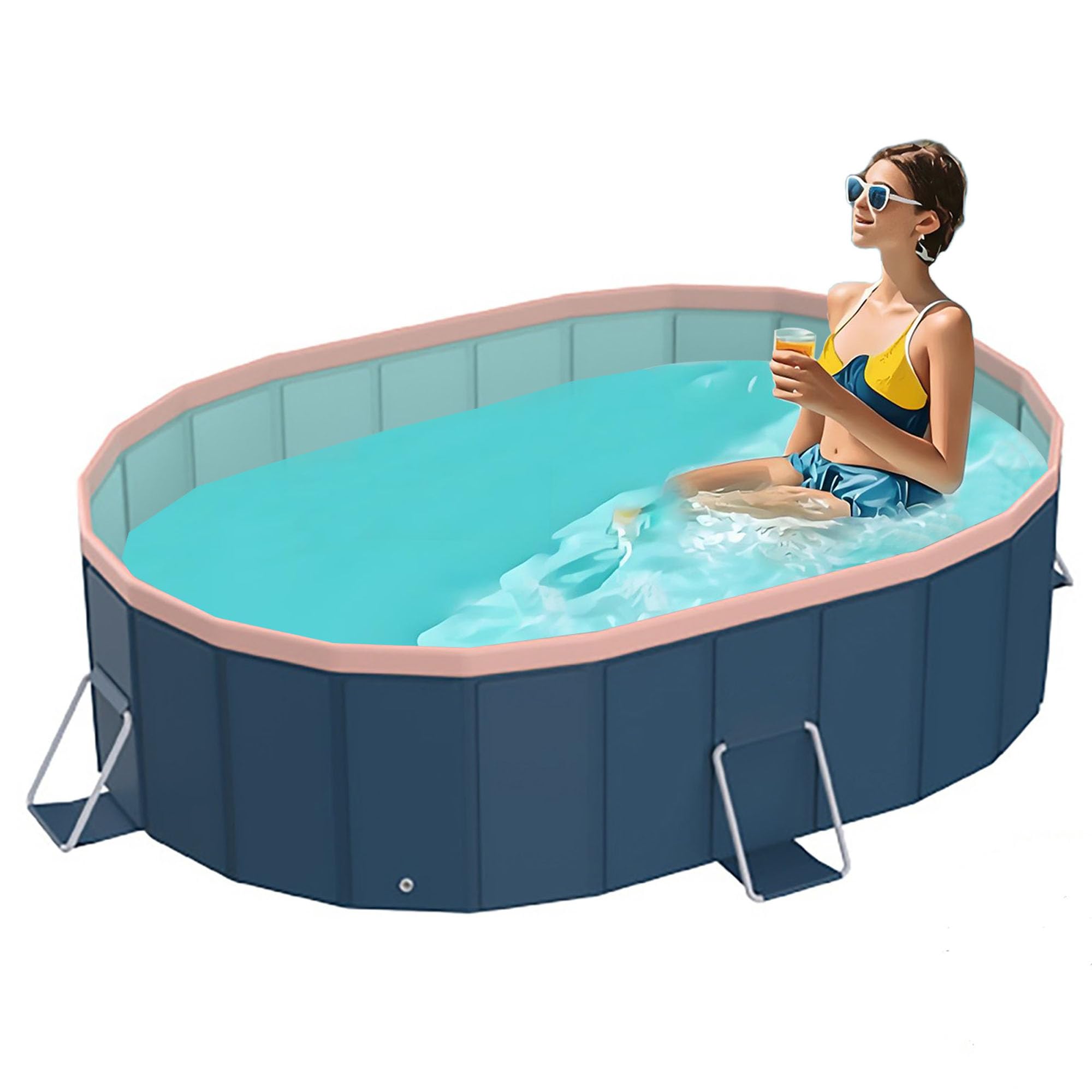 Large Foldable Pool, Collapsable Non Inflatable Swimming Pool for Kids Adults, Oval Portable Pools & Hard Plastic Shell Above Ground Pools for Outdoor