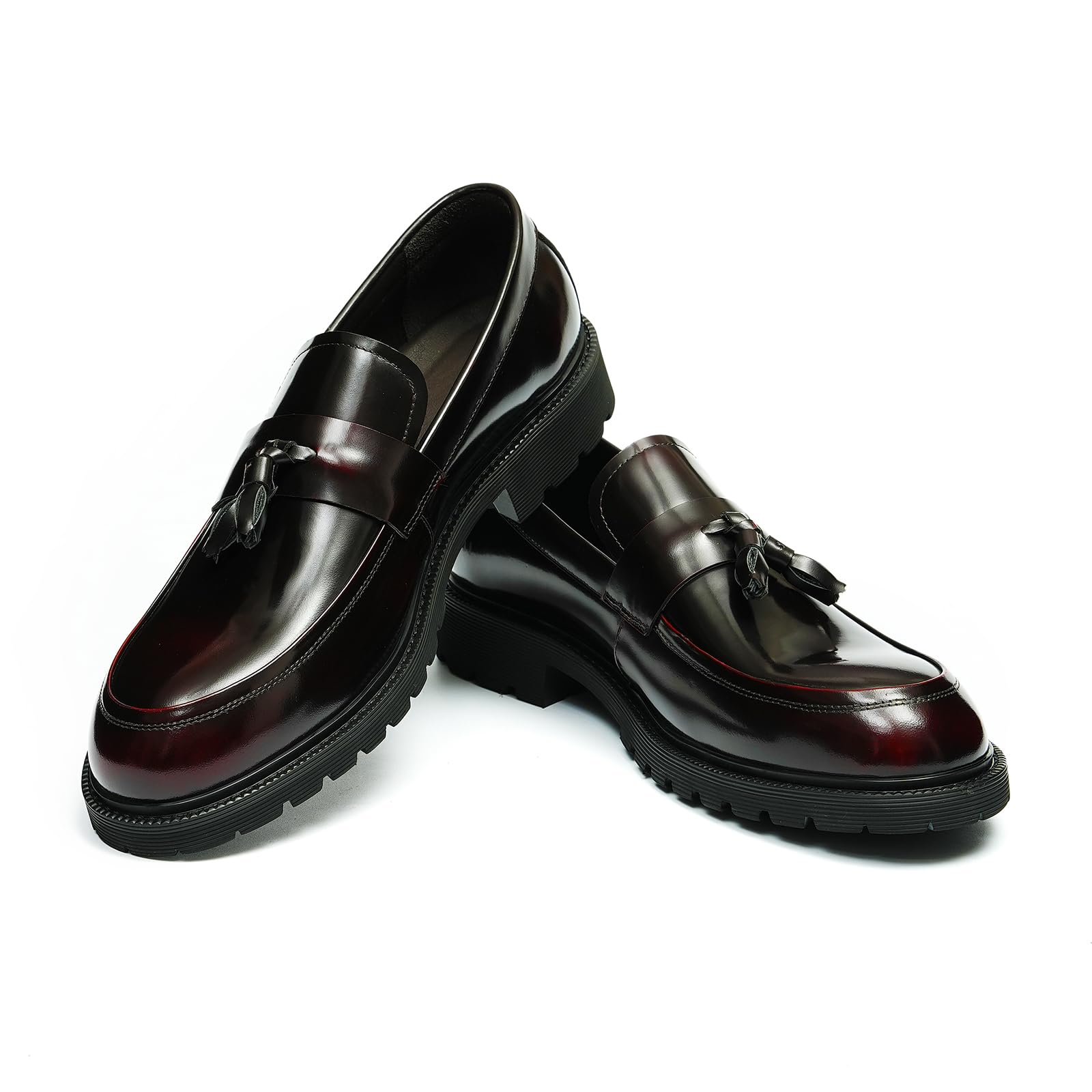 Loafers Cómodos Suela Gruesa y Borlas para Hombre Mocasines Formales Slip On Zapatos Bajos de Vestir Casuales en Cuero