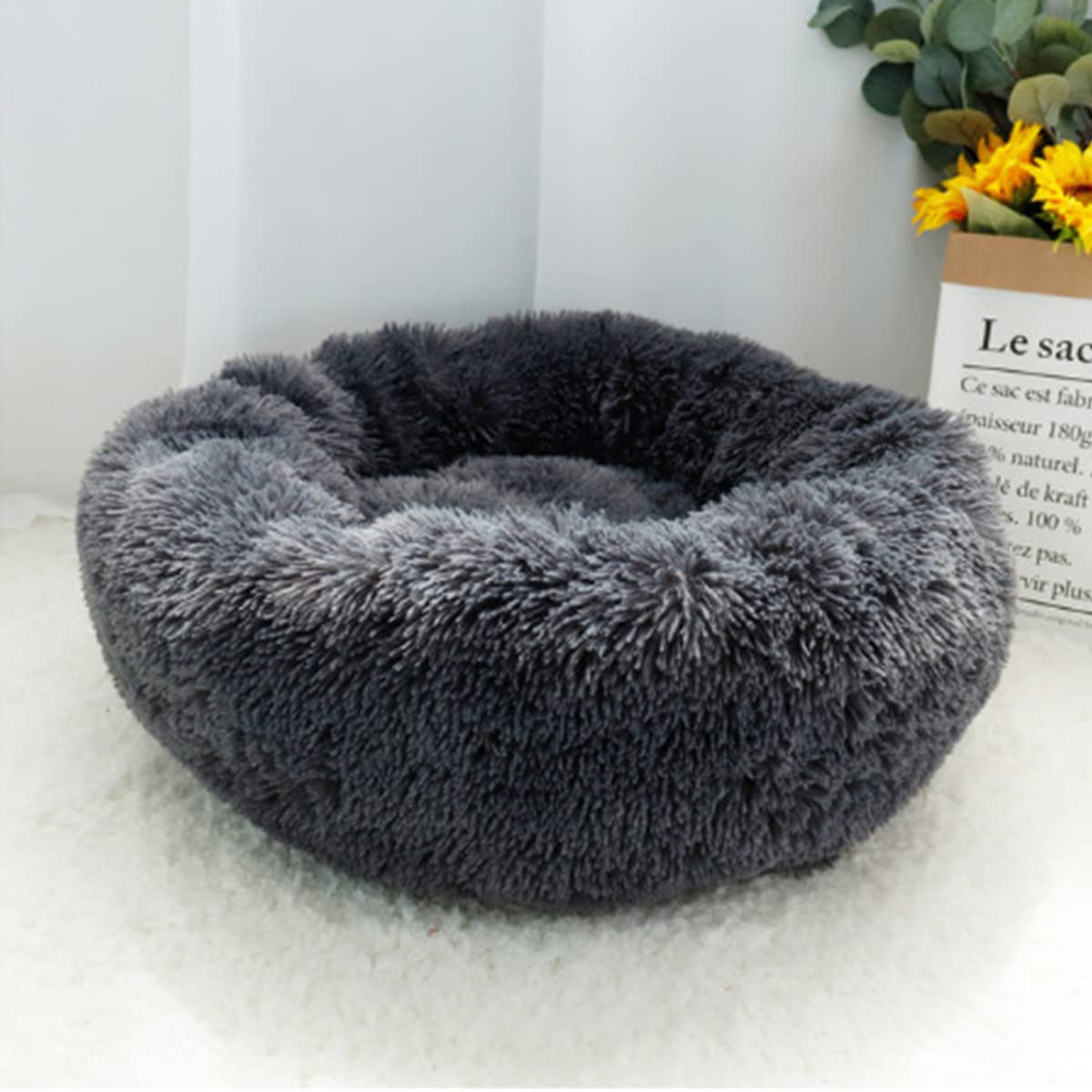 Calming Dog Bed Cat Bed, Washable Round Dog Bed Anti-Slip Fluffy Faux Plush Donut Cuddler Cat Bed for Small Medium Large Dogs - Waterproof Bottom diameter39in