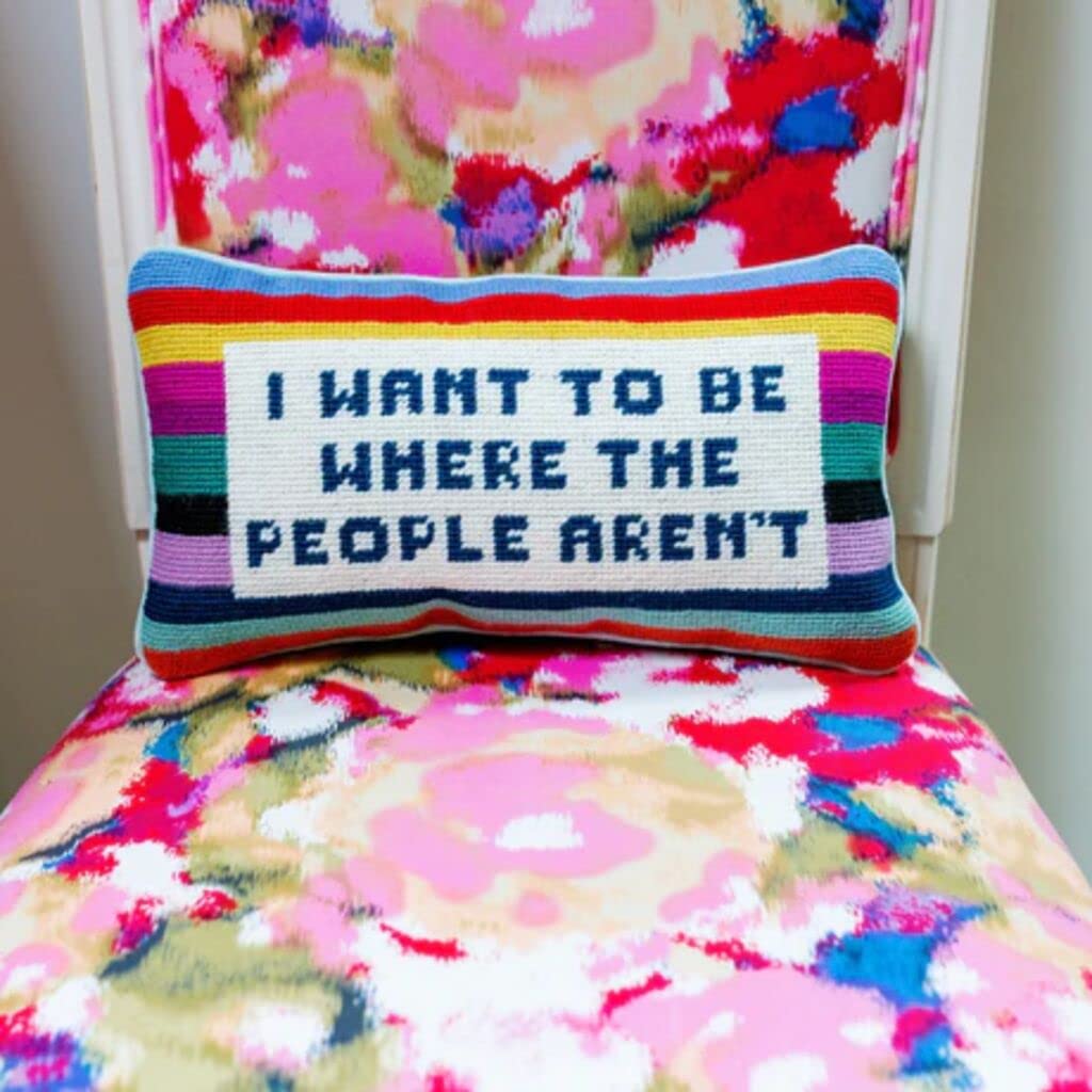Furbish Handmade Needlepoint Accent Pillow - "Where The People Aren't" - 8" X 14" Wool & Cotton Velvet