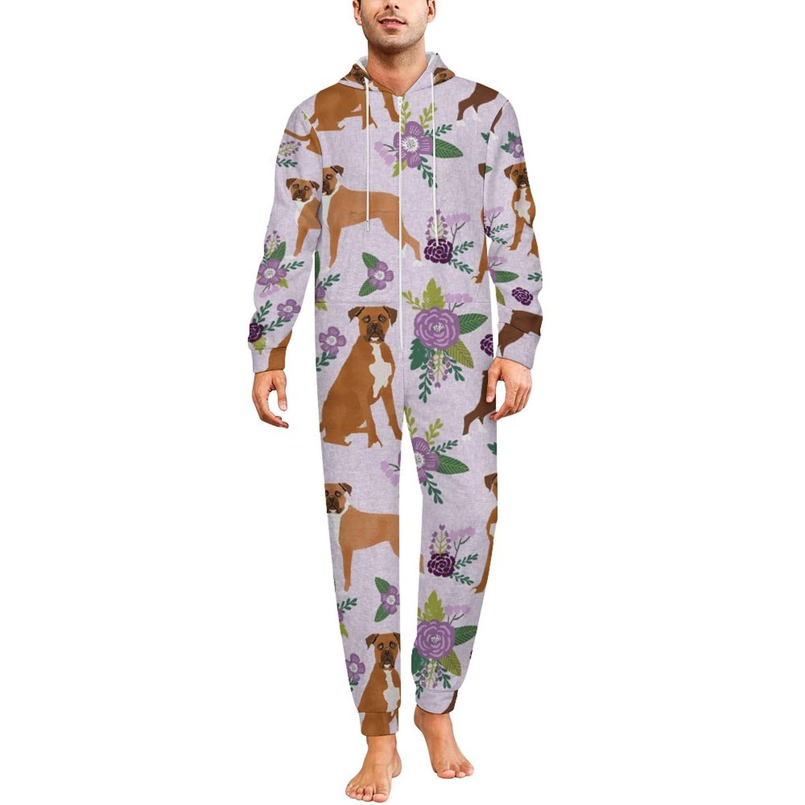 Boxer-Pyjama für Herren, Einteiler, Flanell, langärmelig, mit Blumenmuster