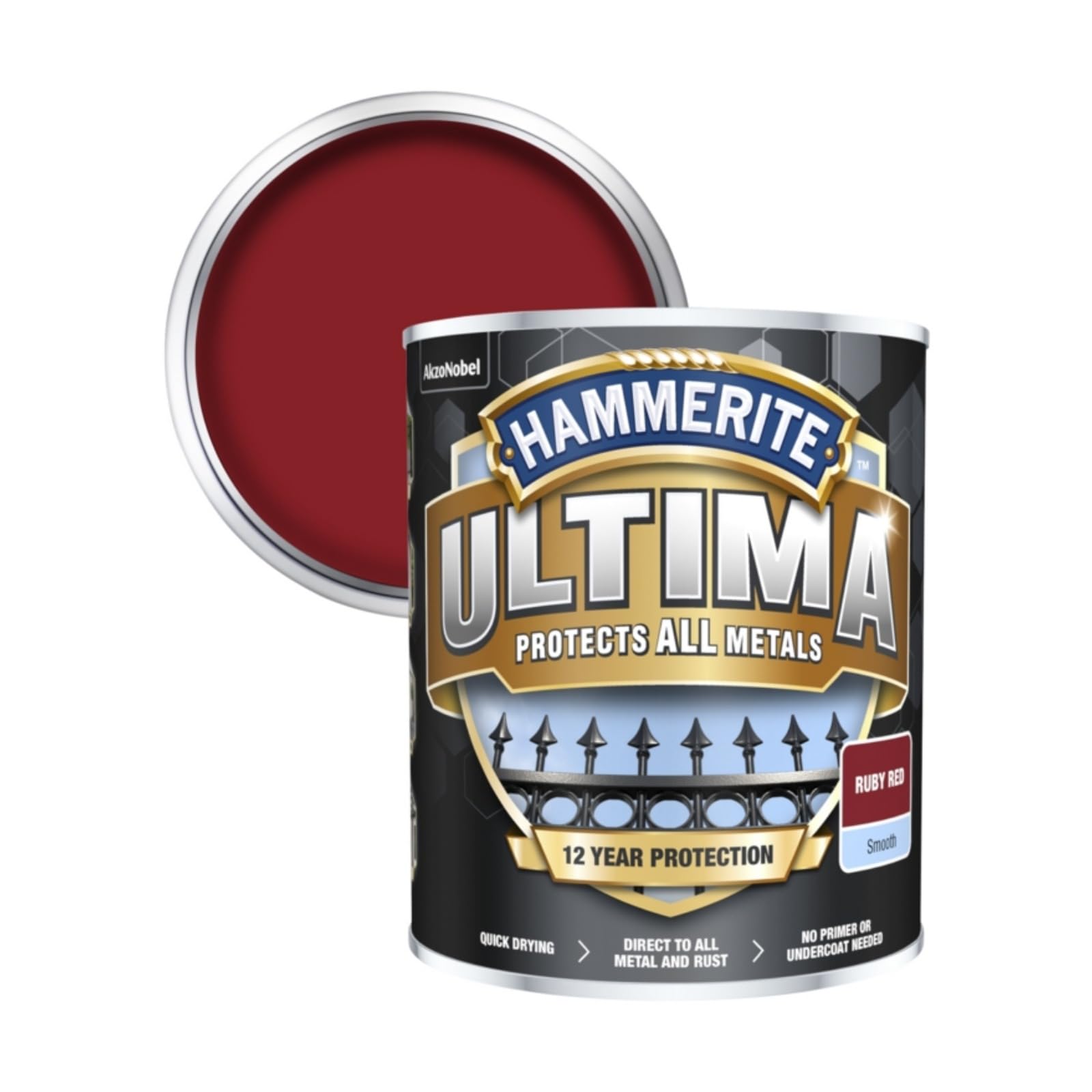 Hammerite Ultima Multi-Surface Exterior Metal Paint, Water-Based Rust Resistant Topcoat, Quick Dry, No Primer Needed, Gloss Finish, 750ml, (Ruby Red)