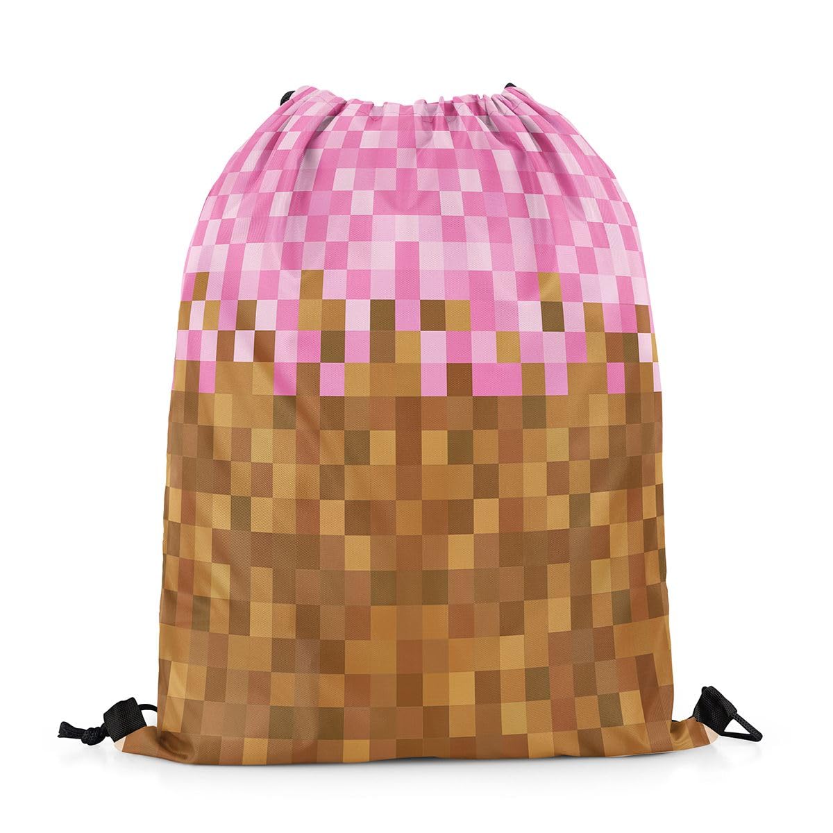 Castle Fairy Pixelated Grid Drawstring Backpack 13"X27",Miners Building Water Resistant Beach Bag,Cartoon Gamepad String Bag for Shopping Yoga,Brown Pink Sackpack for Gym Sports