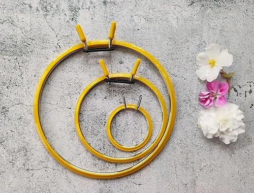 Image of Nurge Metal Embroidery Hoops - Premium Spring Tension Embroidery Hoop for Cross Stitch - Durable Ring with Quick Release Safety Clip - Ideal for Crafters,Beginners & Professionals - Yellow - Size Mix
