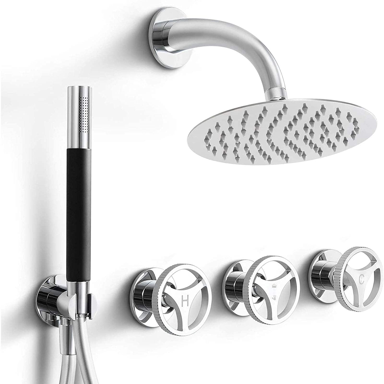 QUSYZD Shower Faucet Set, Rainfall Shower Head with Handheld, Industrial Style Three Handle Bathroom Shower Set, High Pressure Brass Bathroom Mixer Tap,Gold,Gold,Chrome