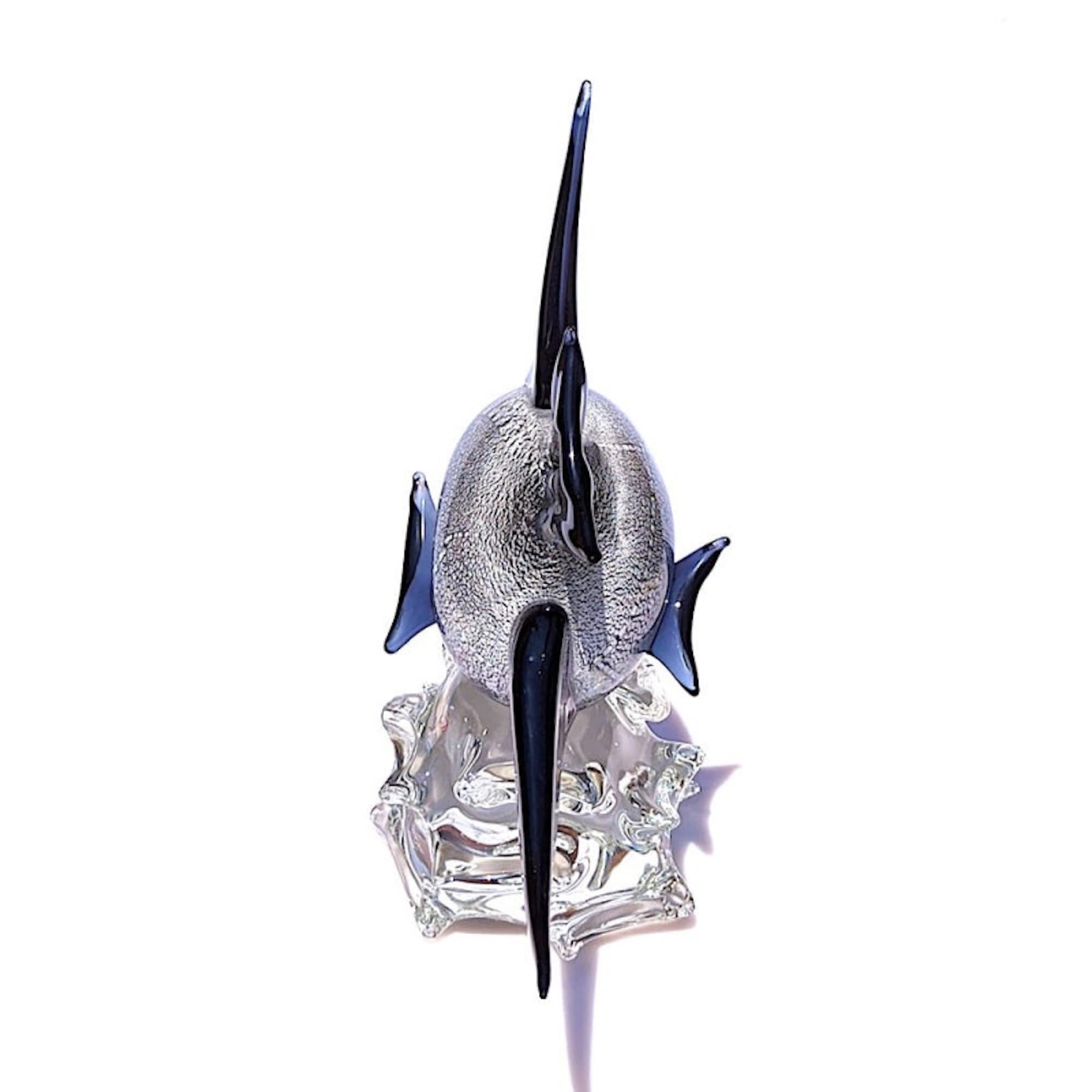 Scultura in Vetro di Murano di Pesce Angelo Tropicale Blu Argento, Figura Originale in Vetro Soffiato Made in Italy per Arredamento Casa, Marchio di Origine, YourMurano