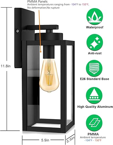 Miniatura 6 de 2 Pack Outdoor Wall Light Fixtures, Exterior Waterproof Lanterns, Porch Wall Sconce Wall Mounted Lighting with E26 Sockets & Glass Shades, Modern
