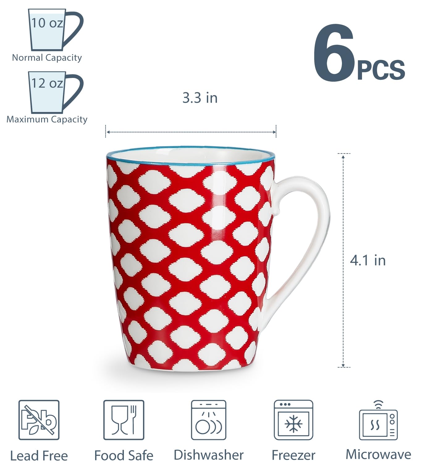 ONEMORE Coloful Zestaw 6 kubków do kawy 350 ml, bezpieczne w kuchence mikrofalowej, ceramiczne kubki z uchwytem, nadają się do zmywarki/piekarnika, trwałe, unikalne opcje na prezent, różne kolory