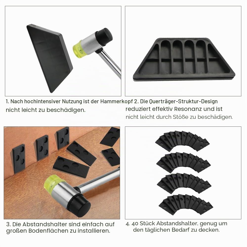 Laminatboden Kit und Konturenlehre mit Feststeller 45 Stück, Vinylboden Verlegeset Laminat Holzfußboden Installations Set, mit 40 Montagekeile, Hammer, Schlagklotz, Zugeisen, für Laminat Parkett