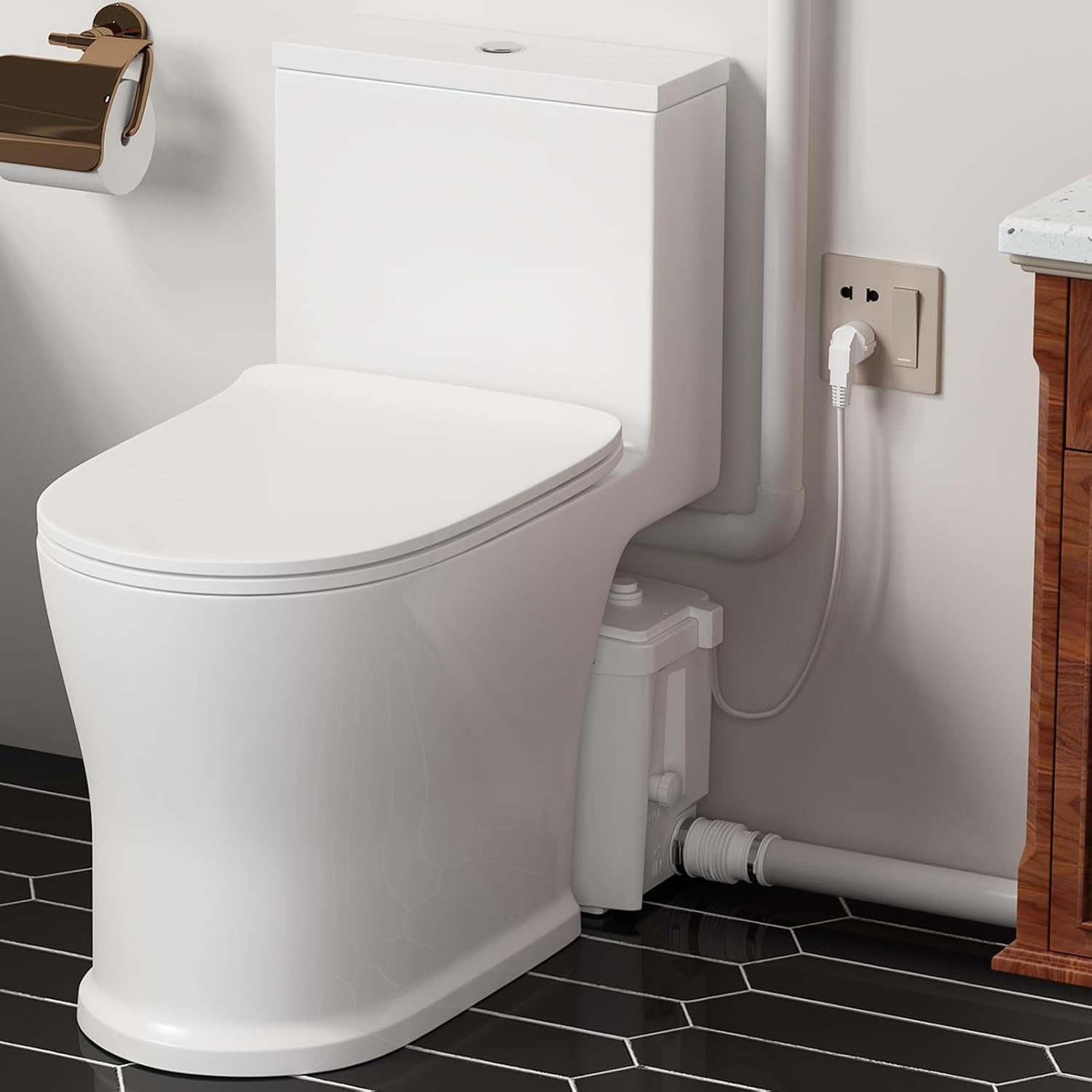 Macerating Toilet with Pump For Basement System, One Piece Full Skirt Modern Toilet, 4 Inlets Upflow Pump, Silent Seat, 23ft Upflush, Super Quiet Operation, Dual-Deodorization, 17.3inch ADA Height