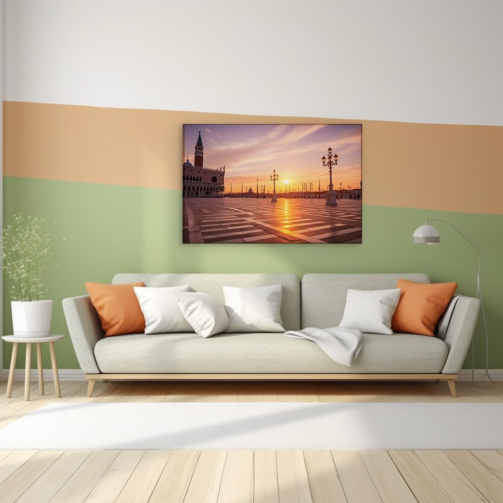 Canvas for Living room. Dawn's Embrace at San Marco Square: A Venetian Sunrise Symphony, 27 x 18 inch Canvas Wall Art - Ready to Hang