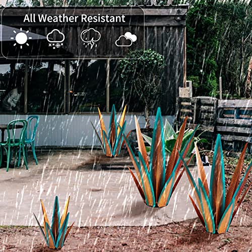 Image of KODIBO 24 inch Metal Agave Plant Outdoor Decor, Large Garden Sculpture, Blue | Rust-Resistant Finish, Hand-Painted Metal, Tequila Rustic Sculpture, Desert Steel Yard Art, Southwestern Outdoor Garden Decor