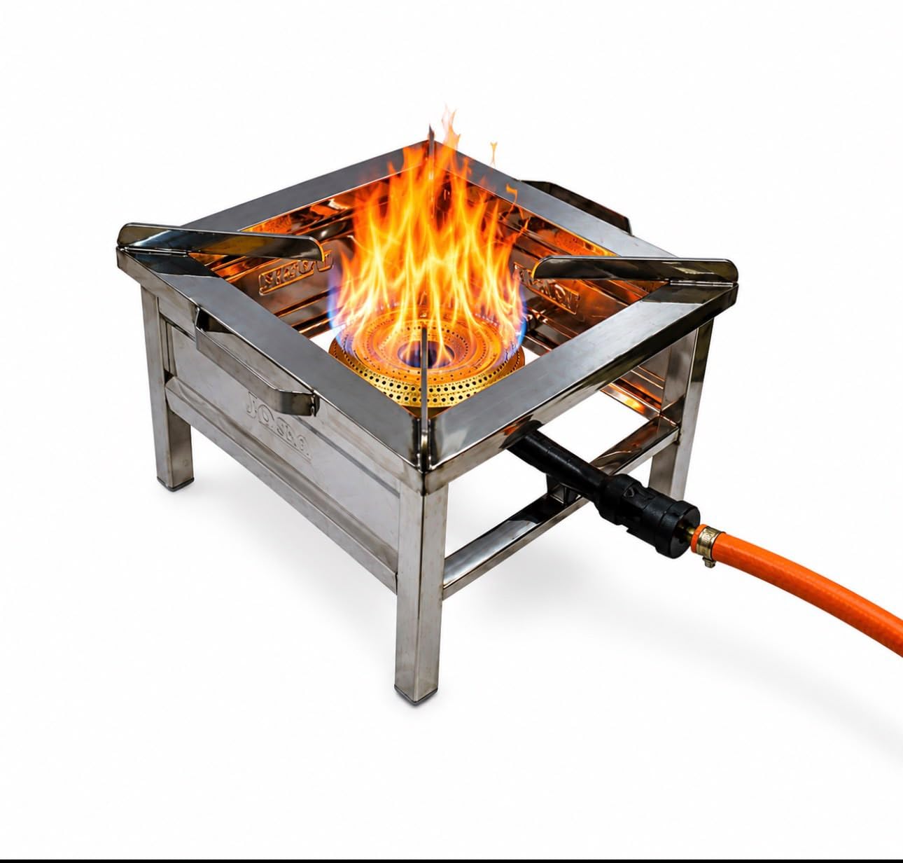 Single Burner Stainless Steel Square Chulha Canteen Bhatti Commercial Gas Stove with Fitted Brass Nut Hose Pipe, Valve, Adapter and Lighter large-image-31