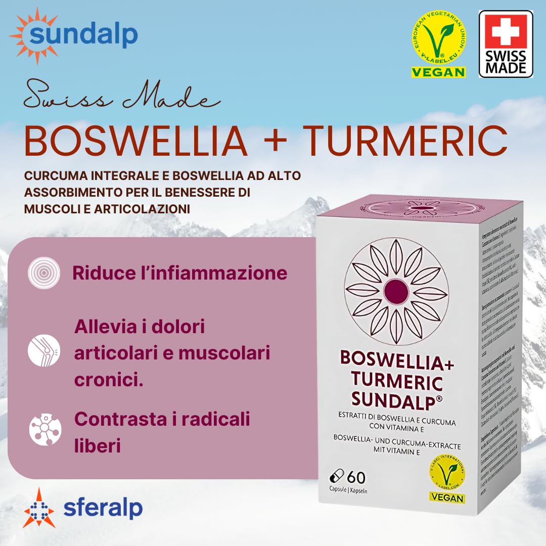 SUNDALP Boswellia + Turmeric | Integratore per Articolazioni e Dolori Muscolari Cronici | Integratore Alimentare con Estratti di Boswellia Serrata, Curcuma Longa e Vitamina E - 60 Capsule
