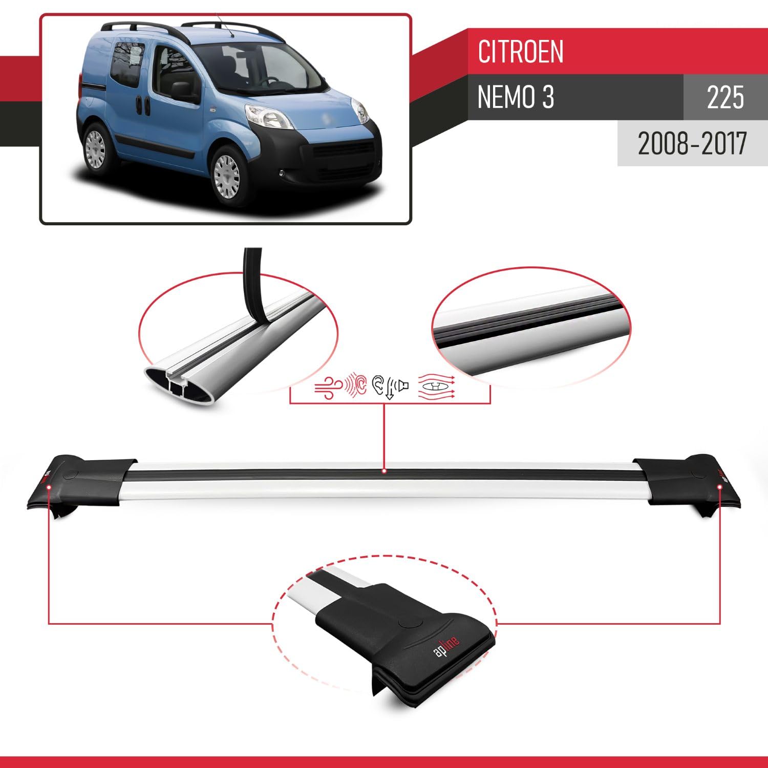 Compatible con Citroen Nemo 3 (225) 2008-2017 Modelo Fly Barra de Techo Auto Portaequipajes Barras Transversales Gris Aluminio 2 Barras