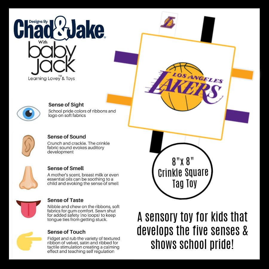 Image of The Learning Lovey LA Lakers Baby Tag Toy, NBA Basketball Sensory Crinkle Toys, Soft & Safe, Ideal Stroller, BPA-Free with Clip, 8 inch x 8 inch