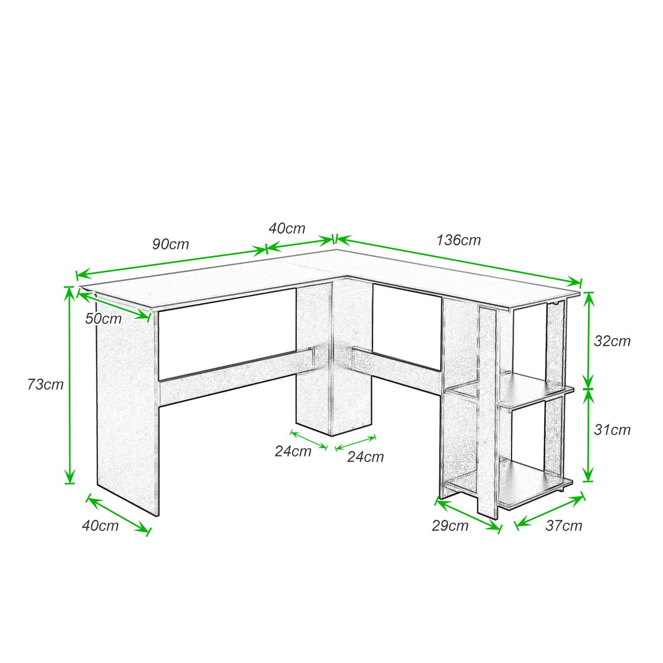 DlandHome Scrivania Gaming Angolare a Forma di L per Computer e Notebook - Scrivania da Gioco con Tavolo da Ufficio (Bianco)