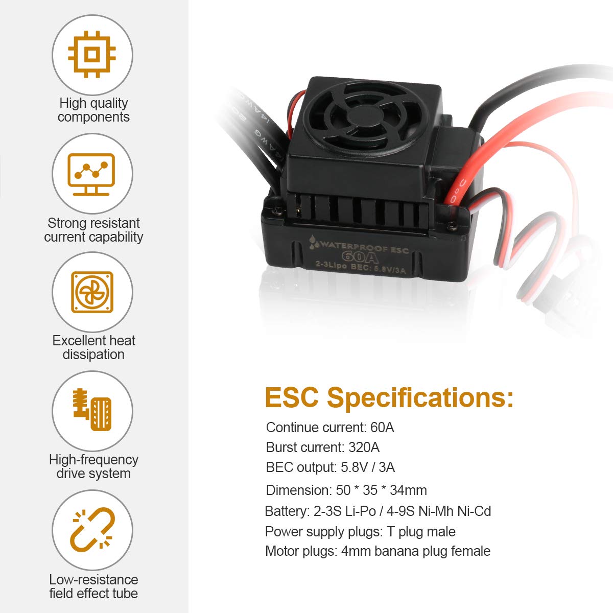 3650 3100KV Motore brushless e 60A ESC Combo Set 5.8V / 3A ESC impermeabile con motore primario senza sensore per 1/10 RC Car