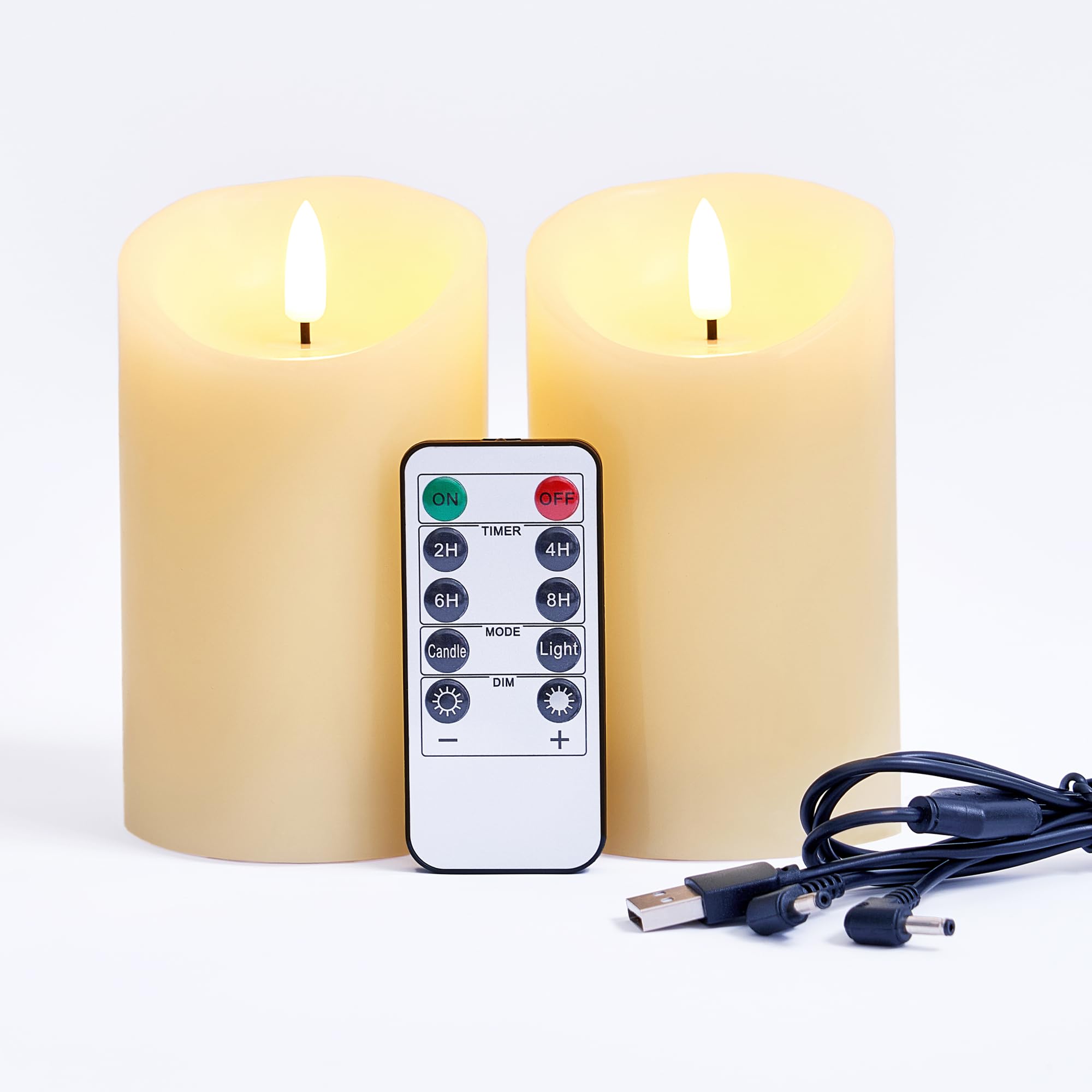 FiiMoo Velas LED Recargables, Pack de 2, Velas Eléctrica Efecto Llama con Cable de Carga USB y Temporizador, Vela de Pilas, 3D Efecto Llama, para Navidad Halloween Fiesta Decor Habitacion, 15cm Marfil
