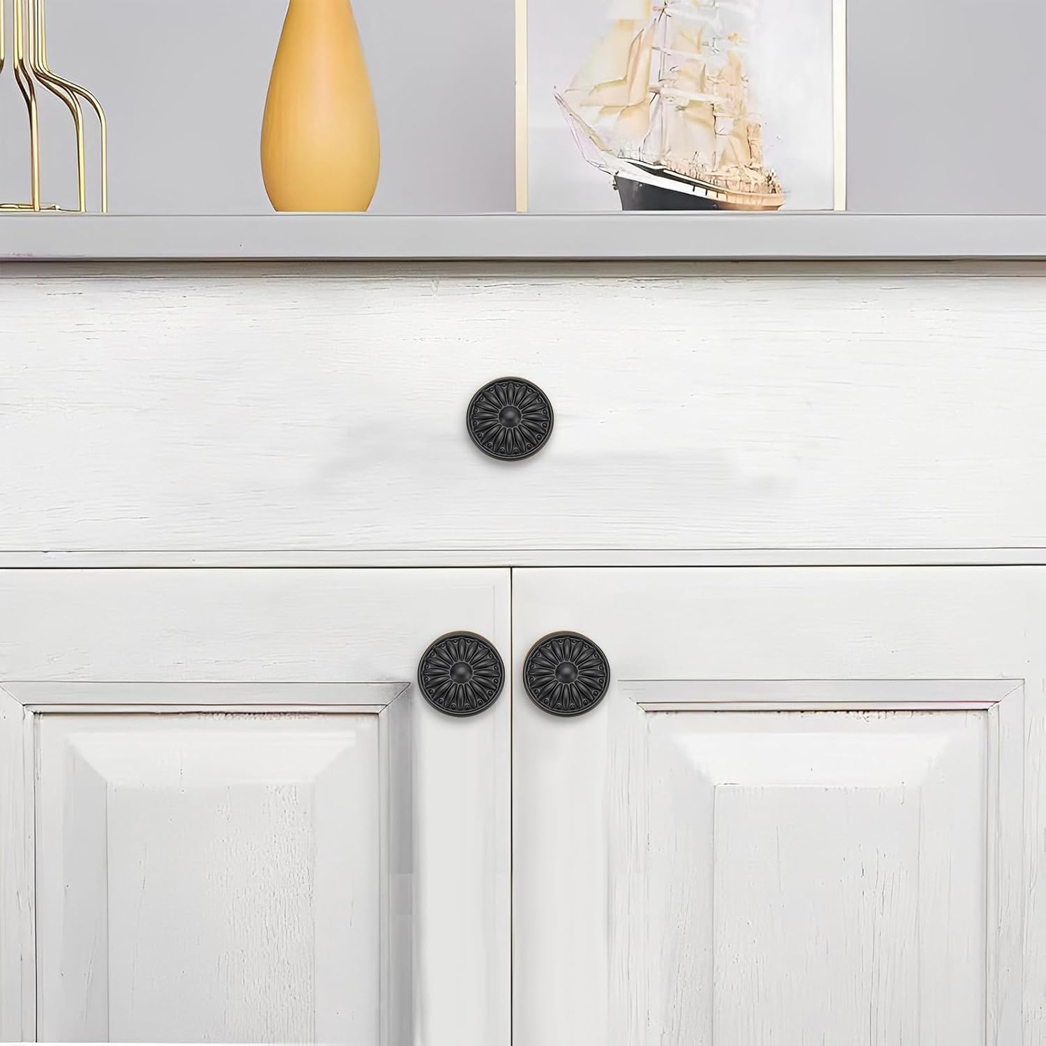 6Pcs Matte Black Cabinet Knobs Alloy Vintage Dresser Drawers Knobs Single Hole Hardware Handles Pulls Round Cupboard Drawer Knob Decorative Furniture Knobs Drawer Pulls for Cabinet Wardrobe Closet