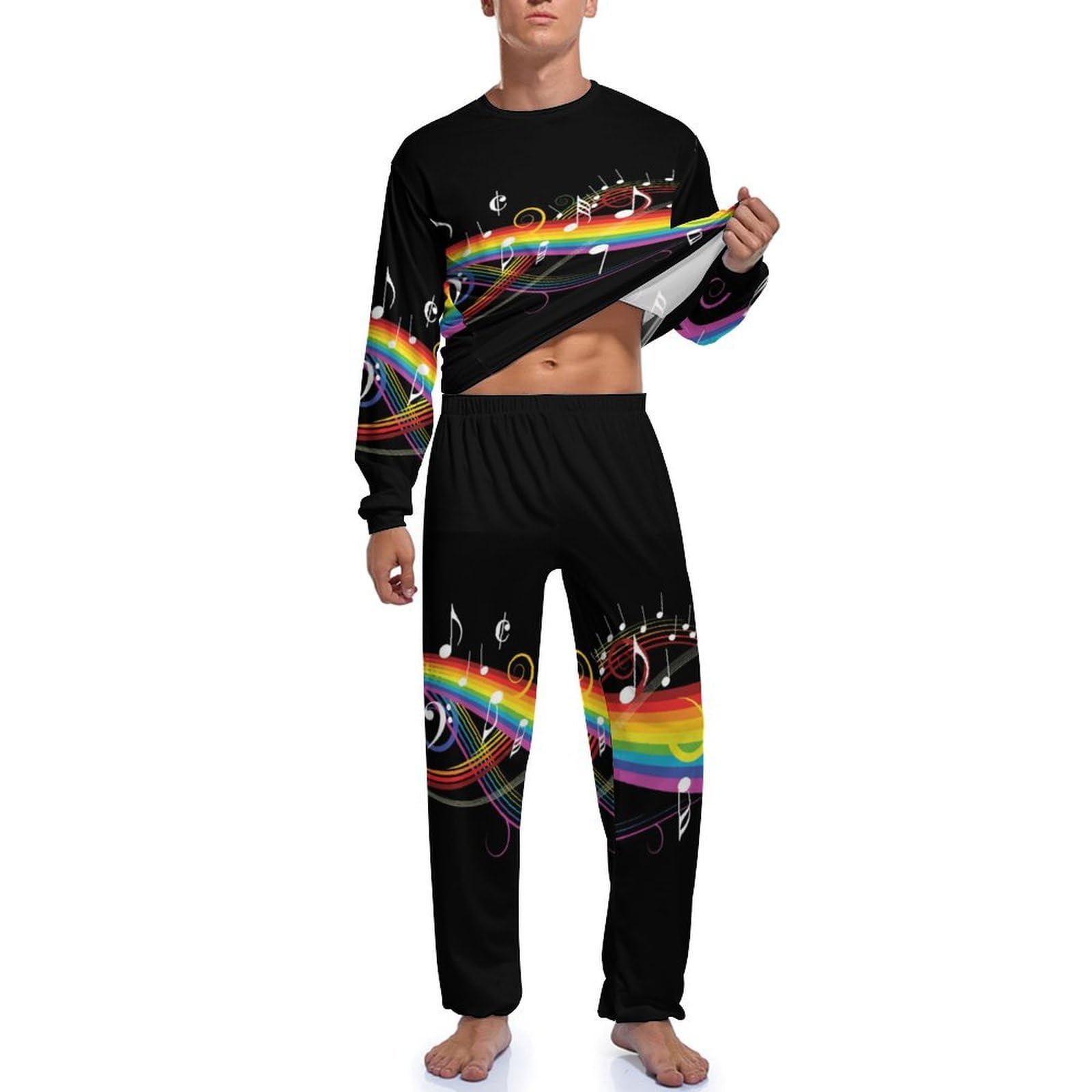 Nachtwäsche, regenbogenfarbene, horizontal gestreifte Linien, Herren-Schlafanzug-Set, Nachtwäsche, langärmeliges Oberteil und Hose