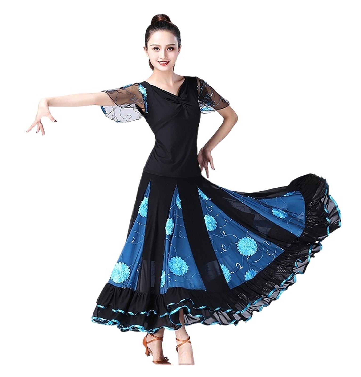 Tanzkleid Damen Moderner Tanz, Gesellschaftstanz, großes Swingkleid, kurzärmliges Tanzkostüm mit floralem Netzstoff