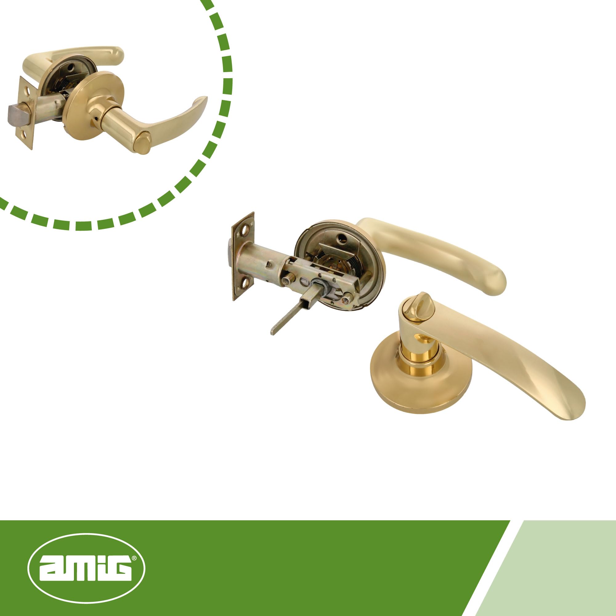 Amig - Juego de manillas - Manillas con picaporte cuadrado - Para puertas de paso - Zamak - Picaporte de entrada 60/70 mm incluido - Para puertas de madera de anchura de 35 a 45 mm - Dorado