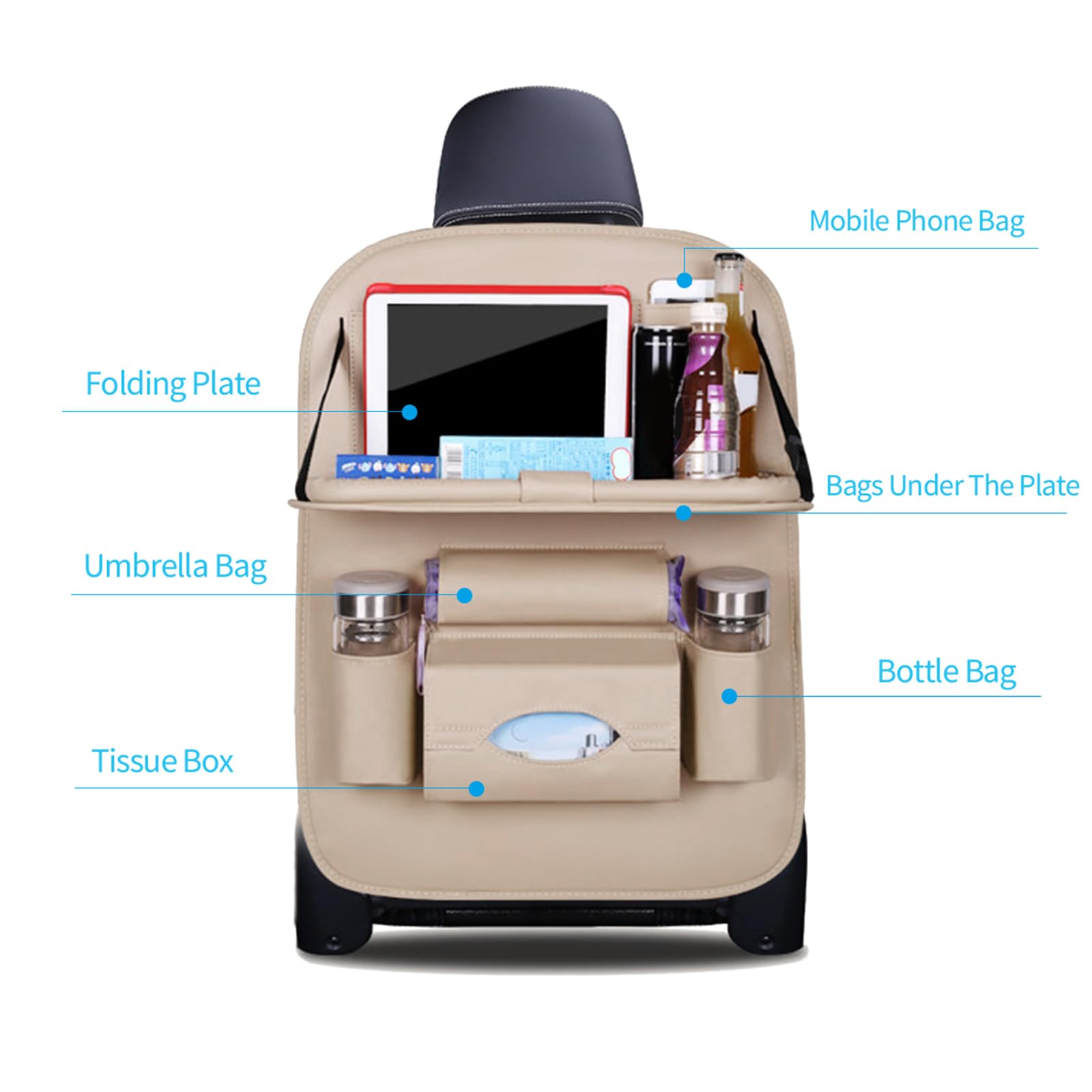 Ergocar Organizer na tylne siedzenie samochodu, luksusowa, skóra PU, ze składanym uchwytem na tablet, organizer do przechowywania samochodu, wielofunkcyjny ochraniacz na tylne siedzenie na długą
