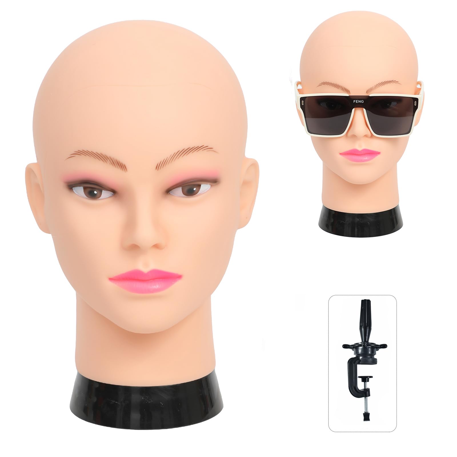 Tête de mannequin chauve pour femme - Tête de mannequin chauve pour la fabrication de perruques et présentoir - Avec pince de table gratuite (GT-B)