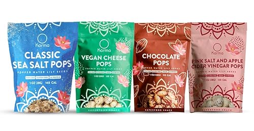 Karma Popped Water Lily Seeds – Sweet & Comfort Variety Pack | Chocolate, Vegan Cheese, Apple Cider Vinegar & Classic Sea Salt | Ayurvedic Superfood Snack | Vegan, Gluten-Free, High Protein | 4-Crunchy Everyday Snack Pack