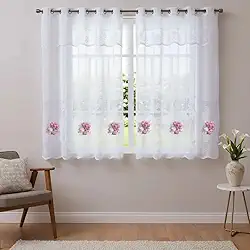 Cortina Cozinha Renda Transfer Cozinha 2,50cm X 1,20cm Cortina P/Varão De 2M (Buque Rosa)