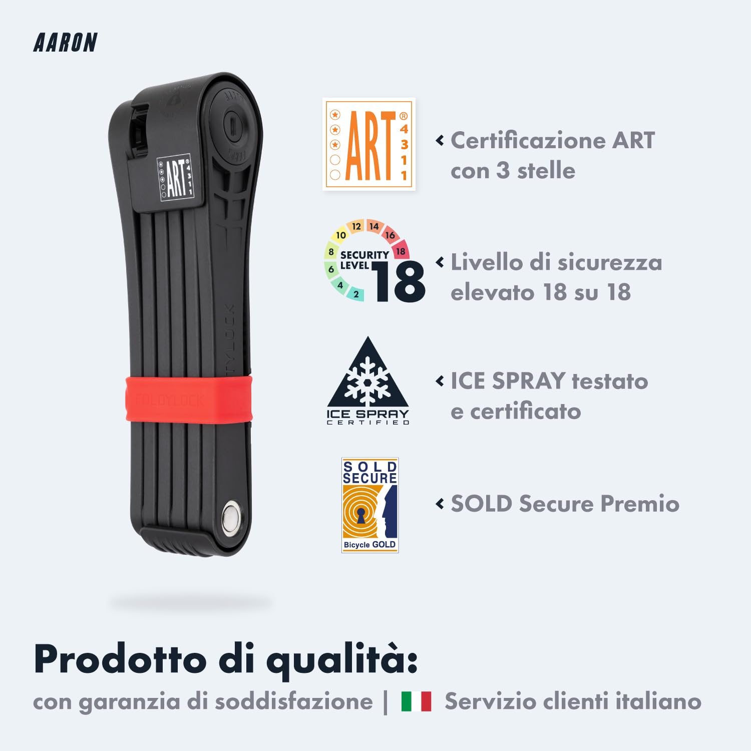 AARON Premium - Lucchetto pieghevole sicuro livello 18, serratura brevettata ad alta sicurezza con supporto, chiusura leggera per bicicletta elettrica, bici da strada, moto, MTB