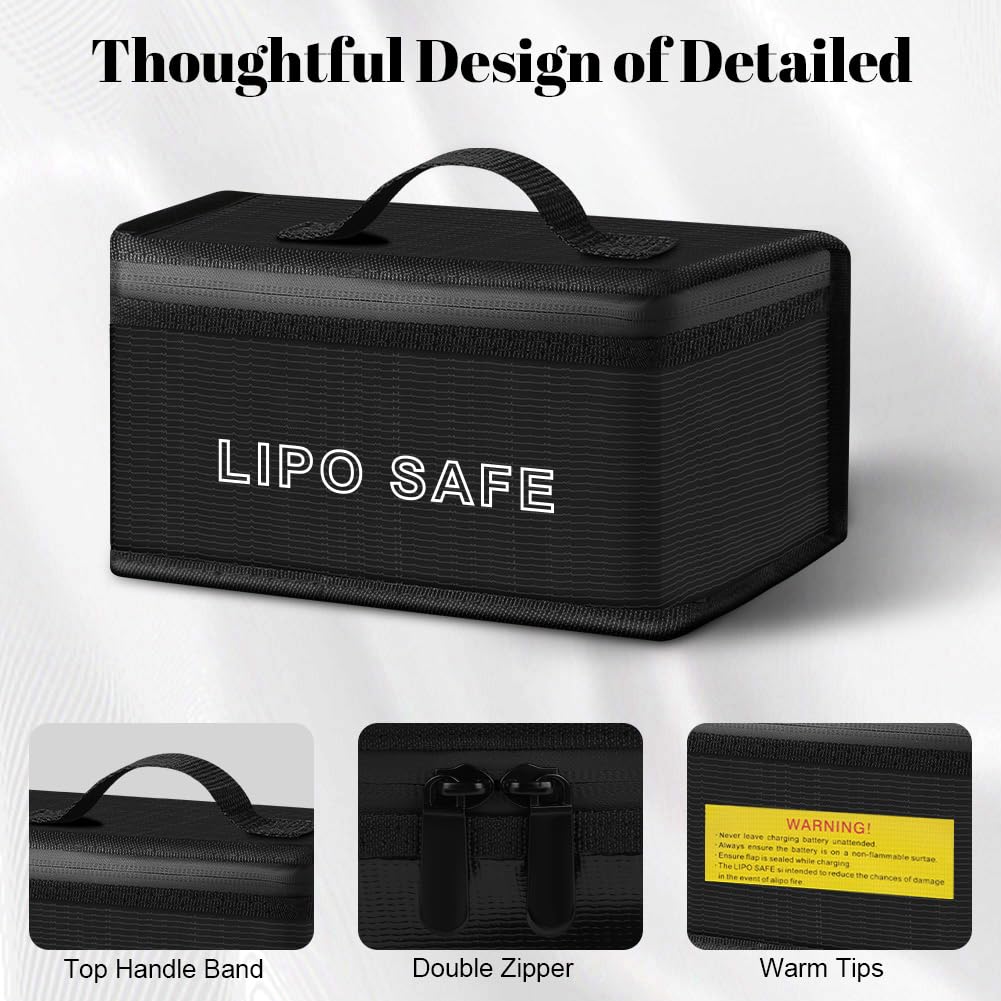 Vicloon Borsa di Sicurezza Della Batteria Lipo, 2 Pezzi Lipo Bag Borsa di Sicurezza con Doppia Cerniera, Prova di Fuoco ed Esplosione, per la Conservazione e la Ricarica Della Batteria al Litio, Nero