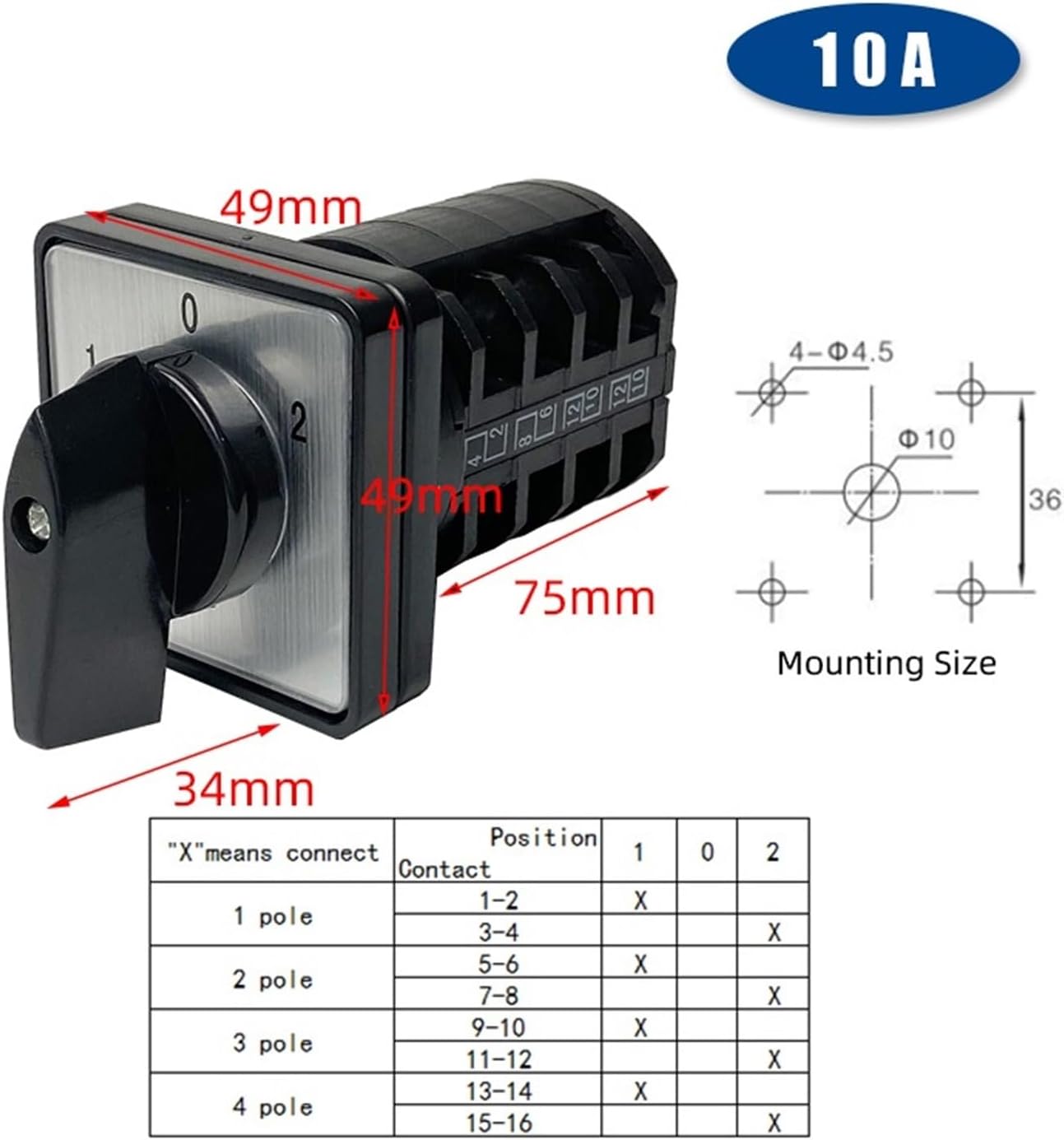 10A Cam Rotary Switch LW8 Three Positions Conversion Universal Transfer Knob Selector 1-5 Poles(10A 4P)