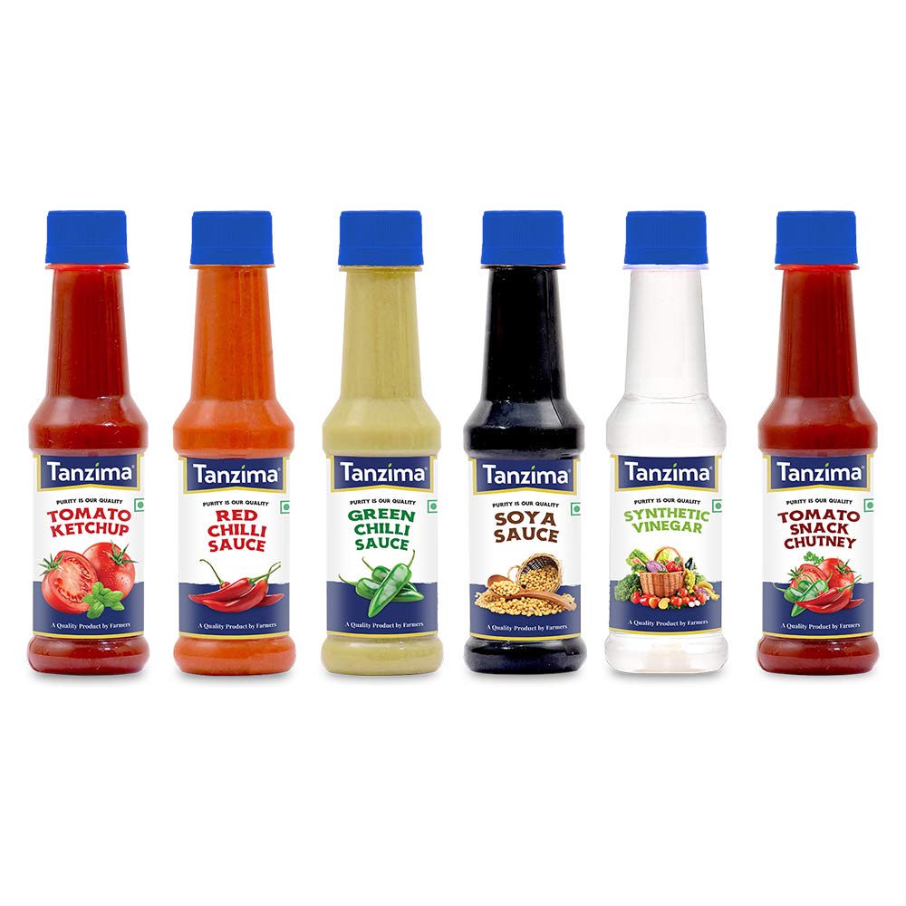 Tanzima Tomato Ketchup, Red Chilli Sauce, Green Chilli Sauce, SOYA Sauce, Synthetic Vinegar and Tomato Snack Chutney, Combo Pack of 6 (Each 200g)