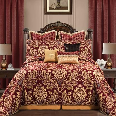 Loom and Mill Ultra Soft Damask Bedding with Euro Shams, Bedskirt, Filled Decorative Pillow for Home-Lafaye, Chenille, Red, King Cover